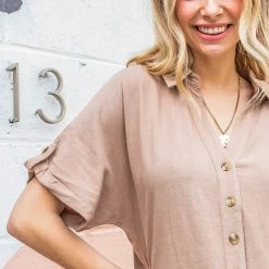 Purple Door Boutique Button Down Romper In Sand Ladies' 8 Purple Door Boutique Button Down Romper In Sand Ladies'