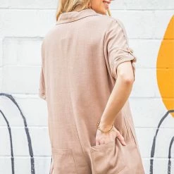 Purple Door Boutique Button Down Romper In Sand Ladies' 9 Purple Door Boutique Button Down Romper In Sand Ladies'