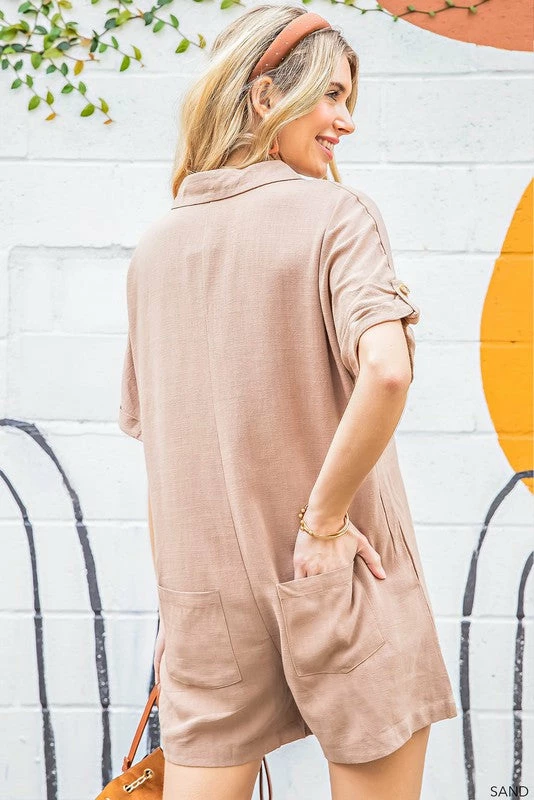 Purple Door Boutique Button Down Romper In Sand Ladies' 5 Purple Door Boutique Button Down Romper In Sand Ladies'