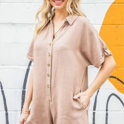 Purple Door Boutique Button Down Romper In Sand Ladies'