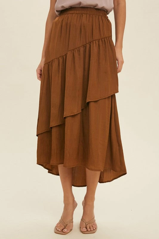 Purple Door Boutique Ladies' Caramel Satin Tiered Midi Skirt 1 Purple Door Boutique Ladies' Caramel Satin Tiered Midi Skirt