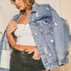 Purple Door Boutique Sequin Star Blue Jean Distressed Denim Jacket