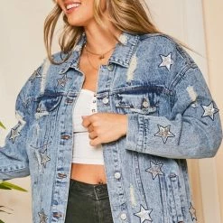 Purple Door Boutique Sequin Star Blue Jean Distressed Denim Jacket