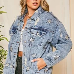Purple Door Boutique Sequin Star Blue Jean Distressed Denim Jacket