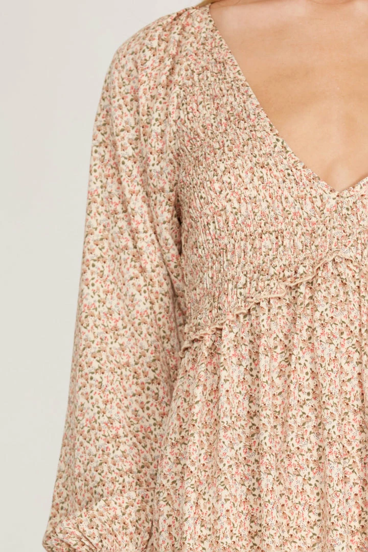 Purple Door Boutique Ladies' Light Taupe Floral Babydoll Dress 3 Purple Door Boutique Ladies' Light Taupe Floral Babydoll Dress