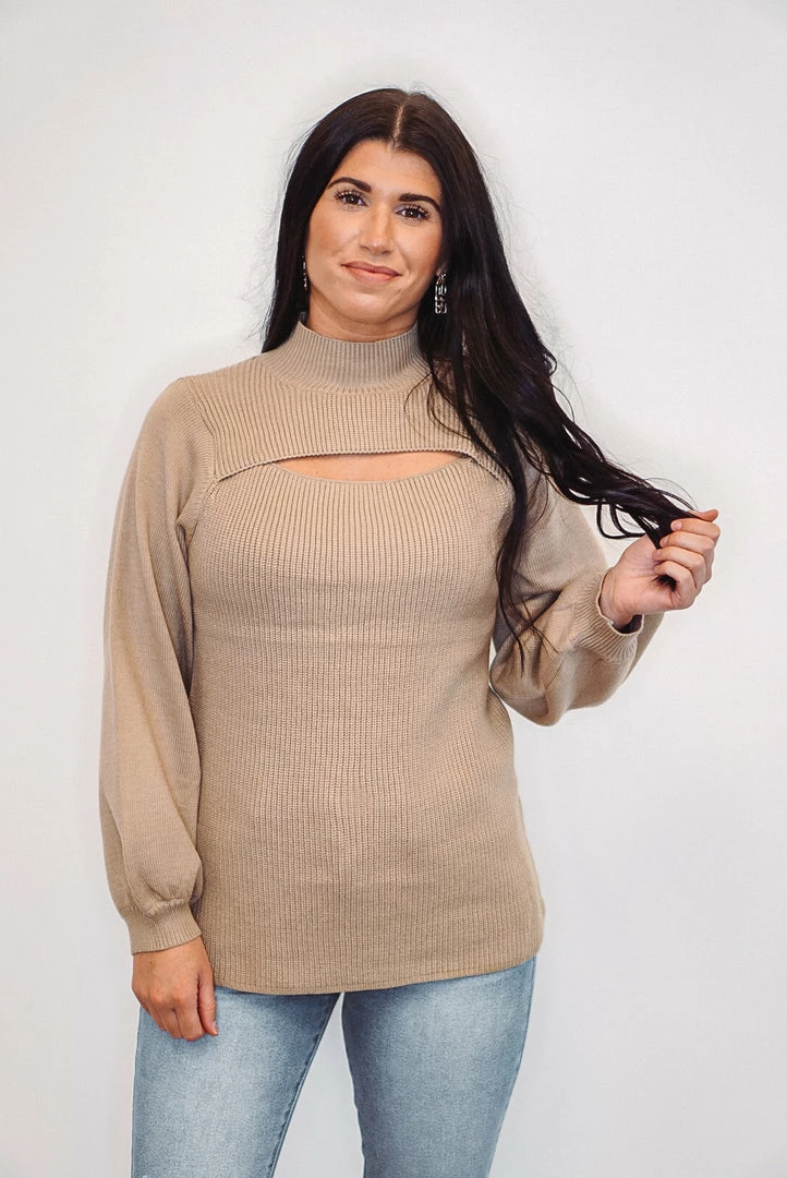 Purple Door Boutique Trendy Cutout Latte Sweater 1 Purple Door Boutique Trendy Cutout Latte Sweater