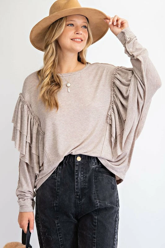 Purple Door Boutique Ladies' Best Ruffle Taupe Dolman Top 2 Purple Door Boutique Ladies' Best Ruffle Taupe Dolman Top
