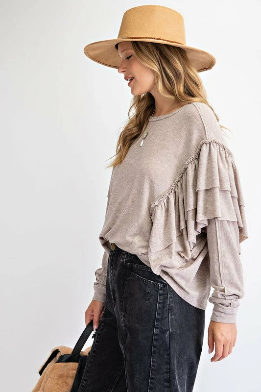Purple Door Boutique Ladies' Best Ruffle Taupe Dolman Top 3 Purple Door Boutique Ladies' Best Ruffle Taupe Dolman Top