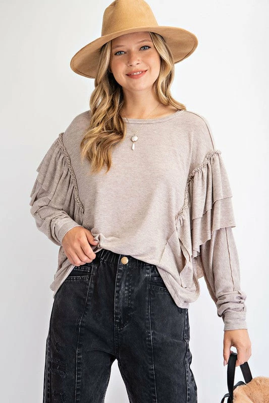 Purple Door Boutique Ladies' Best Ruffle Taupe Dolman Top 1 Purple Door Boutique Ladies' Best Ruffle Taupe Dolman Top