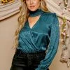 Purple Door Boutique New Arrivals Teal Satin Surplice Cutout Bodysuit