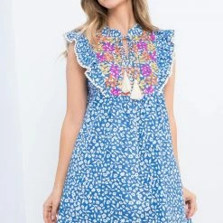 New Arrivals THML Flower Embroidered Blue Dress