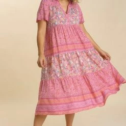 Purple Door Boutique New Arrivals Pink Floral Colorblock Midi Dress