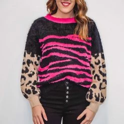 The Purple Door Boutique Animal Print Mohair Fuchsia Sweater New Arrivals