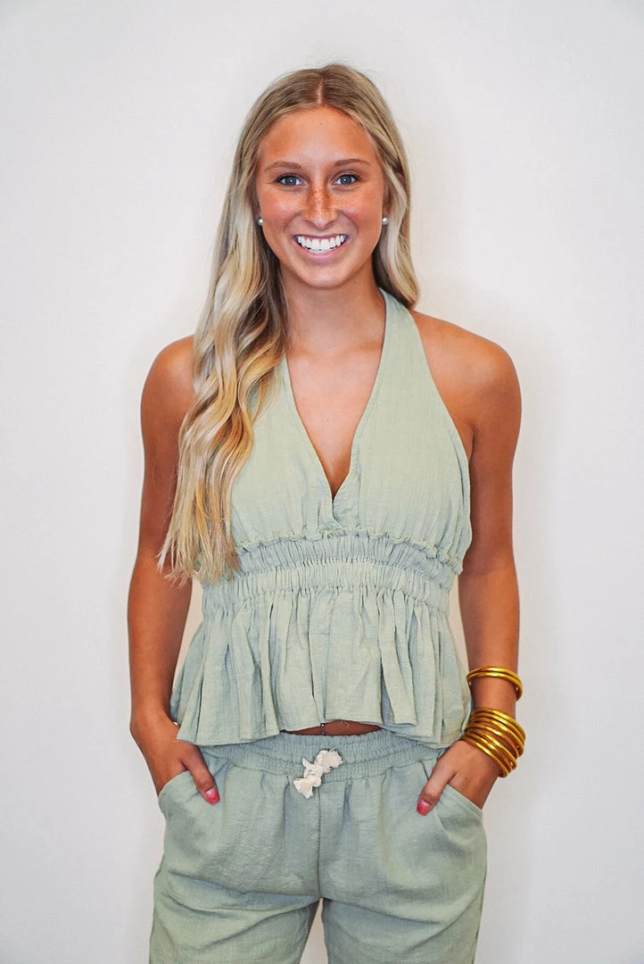 Purple Door Boutique Seaside Dreams Olive Halter Top 1 Purple Door Boutique Seaside Dreams Olive Halter Top