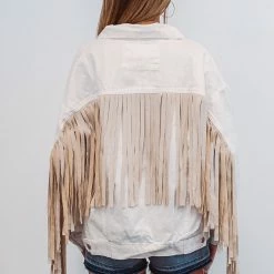 The Purple Door Boutique Oh My Fringe Ivory Denim Jacket Ladies'