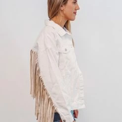 The Purple Door Boutique Oh My Fringe Ivory Denim Jacket Ladies'