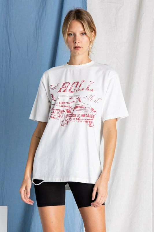 Purple Door Boutique Ladies' Just Roll Oversized Distressed Ivory Graphic Tee 4 Purple Door Boutique Ladies' Just Roll Oversized Distressed Ivory Graphic Tee
