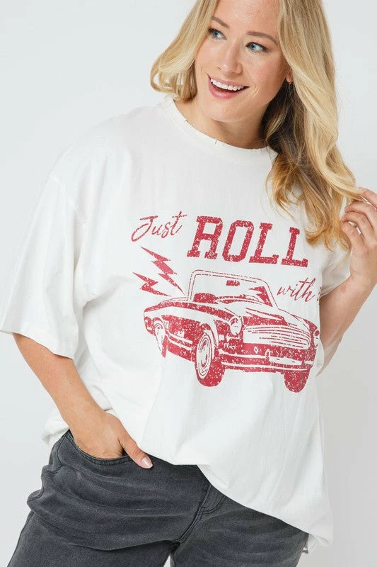 Purple Door Boutique Ladies' Just Roll Oversized Distressed Ivory Graphic Tee 1 Purple Door Boutique Ladies' Just Roll Oversized Distressed Ivory Graphic Tee
