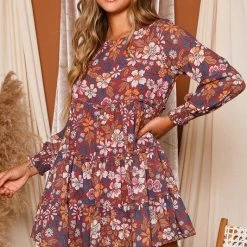 Purple Door Boutique Wine Floral Print Babydoll Dress